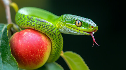 Fototapeta premium Green snake with apple - symbol of a primal sin