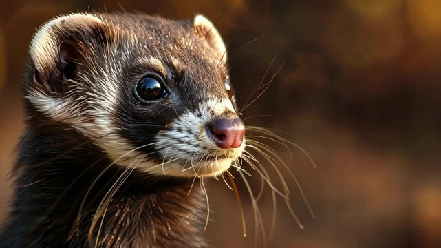 Close-up of european polecat in natural habitat, autumn colors. Wildlife and nature photography concept.