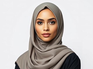 Naklejka premium A woman who is adorned with a white hijab is gazing directly at the camera