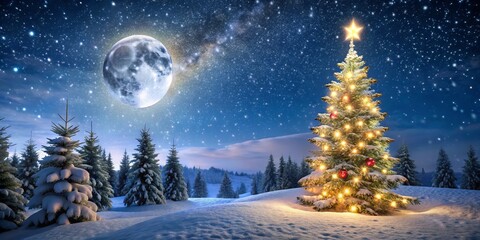 A Snowy Christmas Night with a Full Moon and Starry Sky, Christmas tree, winter wonderland , snowy night