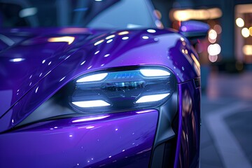 A close up of the headlights of a purple sports car