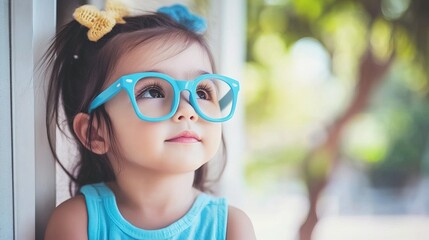 Young child wearing blue glasses focusing on distant tree outside window, symbolizing myopia prevention and importance of outdoor activities.