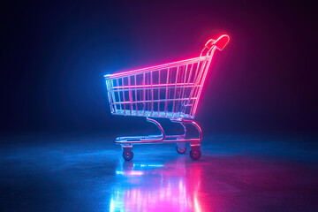 Metal shopping cart with neon glow on dark background. Shopping concept, online shopping and black friday.