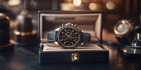 Luxury gold watch in a black box.