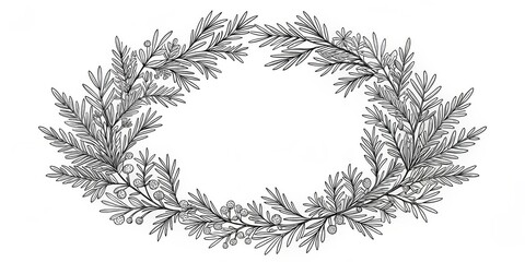 Black and White Hand Drawn Floral Wreath with Leaves and Berries, botanical illustration, floral design, wreath