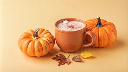 A pumpkin spice latte in a mug surrounded by autumn decorations.
