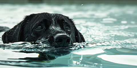 A black Labrador retriever swimming in a pool, demonstrating the athleticism and versatility of this popular breed.