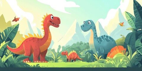 Three dinosaurs stand in a jungle.