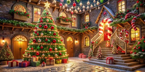 Christmas Village Courtyard with Candy Cane Door, 3D Render, Festive Decorations, Holiday Cheer, Christmas Tree, Festive Lights, Christmas