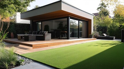 Modern home with wooden edged artificial grass