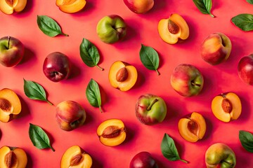 Fototapeta premium Fresh peaches and apricots arranged on a vibrant red background.