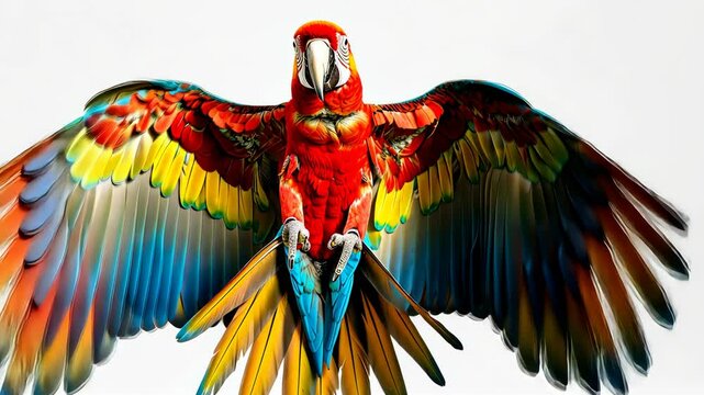 Colorful macaw parrot with outstretched wings on white background, wildlife and nature concept.