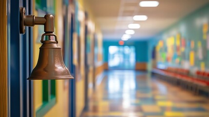 A brass bell hangs on a blue tiled wall in a school hallway.