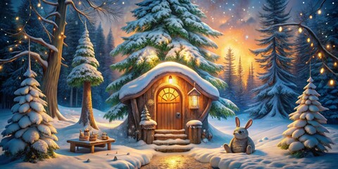 Obraz premium Enchanted Forest Cabin, Fantasy, Winter Wonderland , cabin, winter