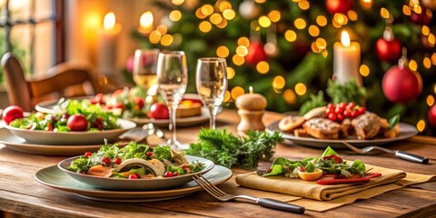 Fototapeta premium Festive Salad on a Table with Christmas Tree in Background, Christmas dinner, holiday table
