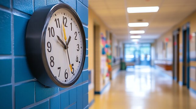 A clock in a school hallway.