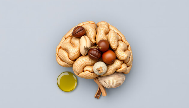 Brain food concept with peanut, hazelnut, seed-oil, spinage on gray background top view isolated with white highlights, png