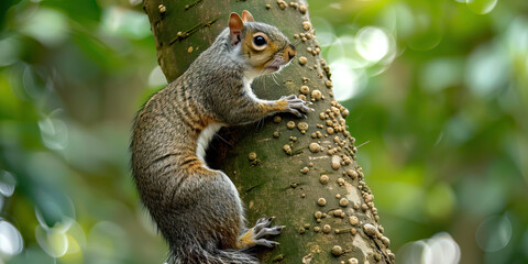 A gray squirrel scurrying up a tree trunk, capturing the playfulness and agility of small woodland creatures.