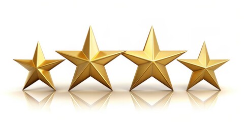 Four Golden Stars in a Row, Reflection, 3D Render, White Background, rating, review
