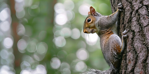Fototapeta premium A gray squirrel scurrying up a tree trunk, capturing the playfulness and agility of small woodland creatures.