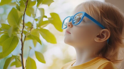 Fototapeta premium Young child wearing blue glasses focusing on distant tree outside window, symbolizing myopia prevention and importance of outdoor activities.