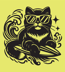 Cat surfing silhouette vector illustrations