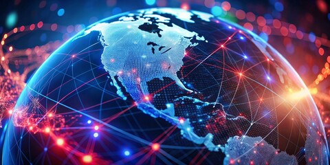 Global Network with Blue and Red Lines, Globe, Digital , Network , Technology