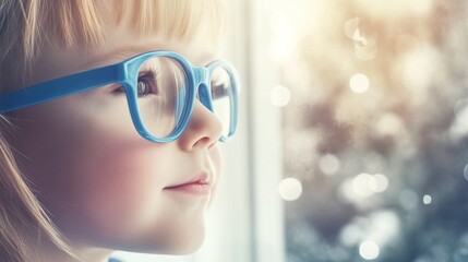 Young child wearing blue glasses focusing on distant tree outside window, symbolizing myopia prevention and importance of outdoor activities.
