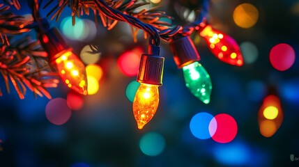 Colorful Christmas Lights on Brick Wall at Night