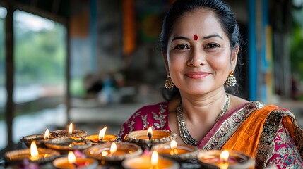 Young woman lighting traditional Indian oil lamps called diyas in front of her home during the Diwali festival major Hindu holiday marking the triumph of light over darkness