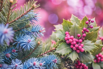 A close-up of pine branches adorned with red berries and holly.