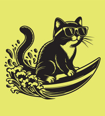 Cat surfing silhouette vector illustrations