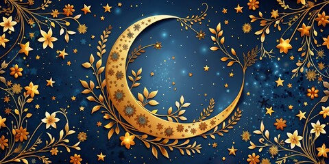 Obraz premium Golden Crescent Moon with Floral Vines and Stars on Navy Background, night sky, crescent moon