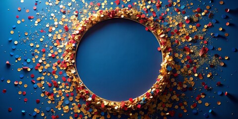 Golden Circle Frame with Confetti on Blue Background, celebration, festive