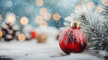 Close-Up of Red Christmas Tree with Snow and Sparkling Ornaments