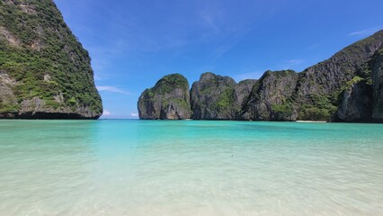 Fantastic view of water and rocks at Maya Bay, Thailand.