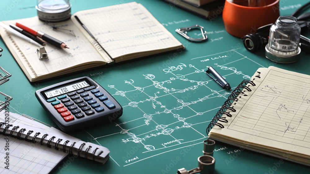 Poster Top view of graphing calculators notebooks and scientific charts set against a calm background Stock Photo with side copy space