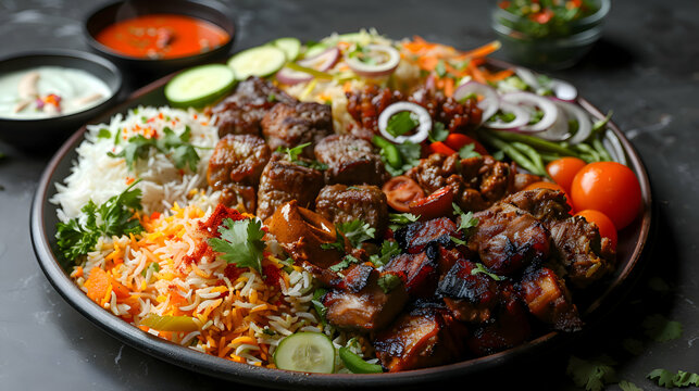 A platter of assorted biryani with various meats and vegetables