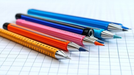 Fototapeta premium A collection of rulers protractors compasses and mechanical pencils arranged neatly on a grid-lined surface Stock Photo with side copy space