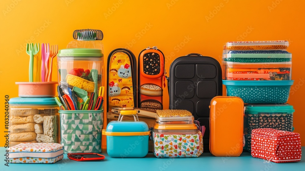 Poster A cheerful scene with lunchbox items and colorful notebooks scattered around a bright backdrop Stock Photo with side copy space