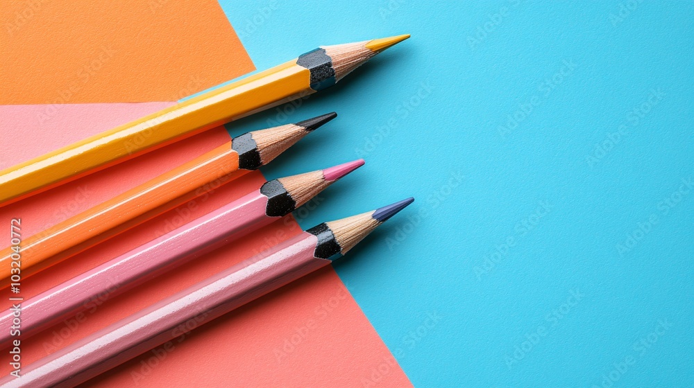 Aufkleber Neatly placed erasers pencils and a sharpener forming a geometric pattern on a vibrant background Stock Photo with side copy space