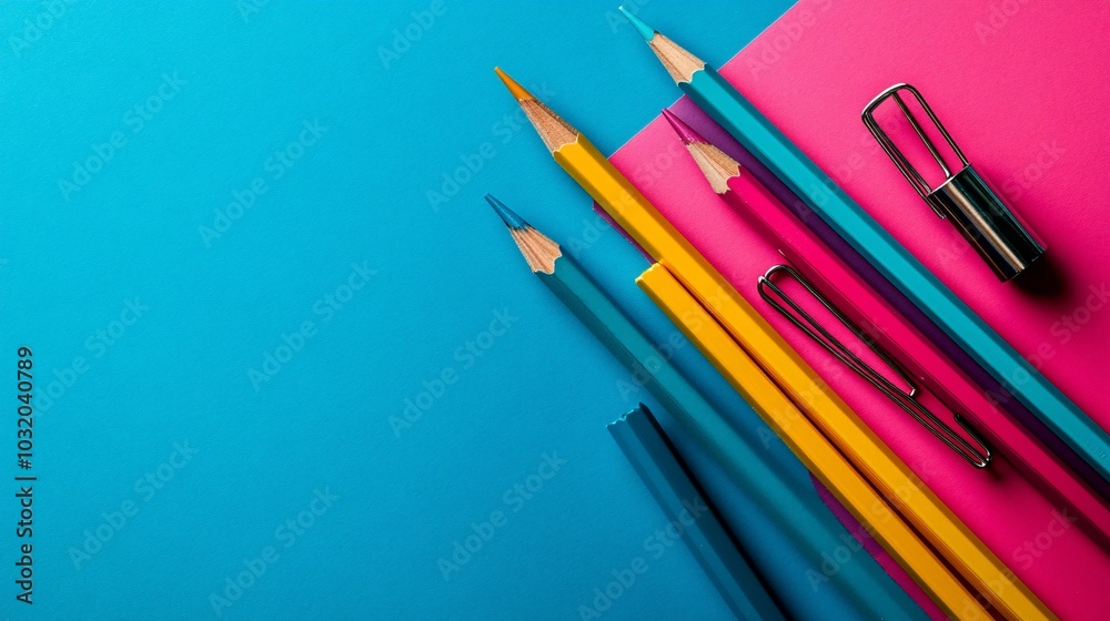 Aufkleber Neatly placed erasers pencils and a sharpener forming a geometric pattern on a vibrant background Stock Photo with side copy space