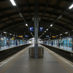 A wide view of an empty, modern train platform at night, illuminated by overhead lights and digital displays
