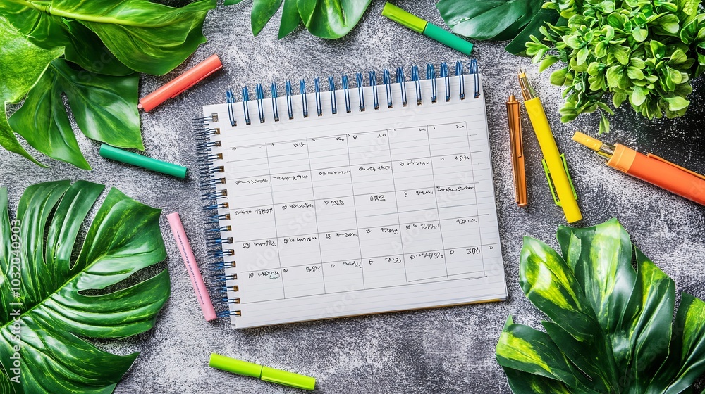Aufkleber Open planner with to-do lists and highlighters arranged on a clean well-lit background Stock Photo with side copy space