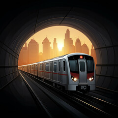 Fototapeta premium A train emerging from a tunnel, bathed in a warm sunset glow, with a skyline in the distance