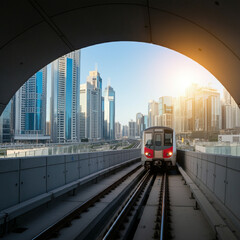 Naklejka premium A train exiting a tunnel with a backdrop of a modern cityscape under a clear sky