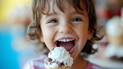 Child having ice cream with happy face