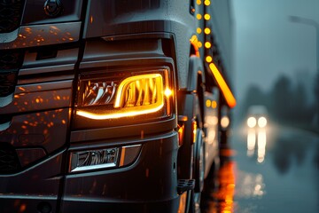 A close up of the headlights of a truck