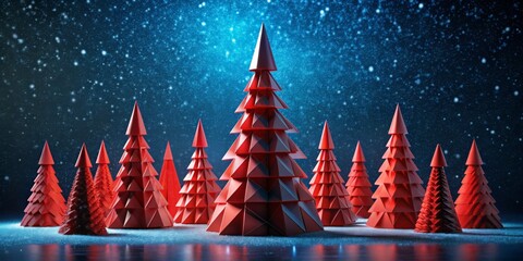 Red Geometric Christmas Trees in a Snowy Night, 3D Rendering, Christmas, Winter