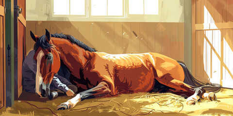 An elderly horse resting comfortably in a warm stable while being cared for by a veterinarian.